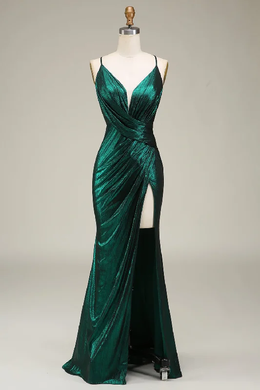 Hot Mermaid Spaghetti Straps Dark Green Long Prom Dress with Open Back